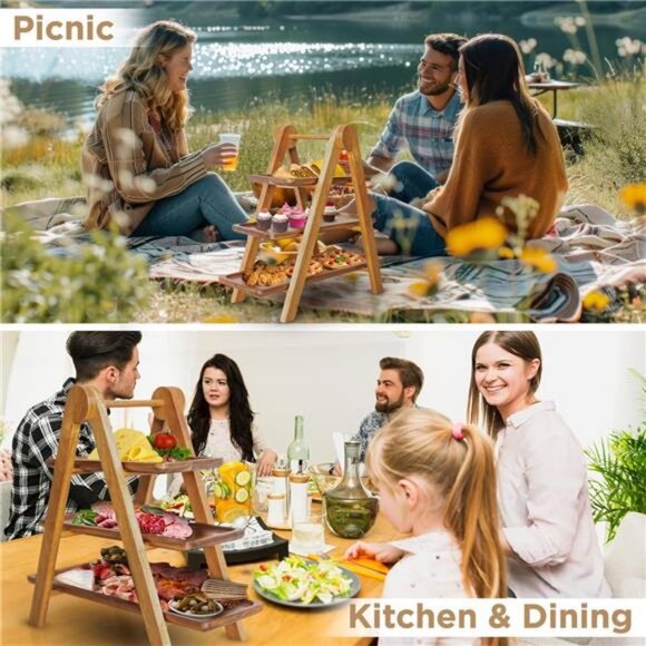 3 Tier Wooden Serving Tray, Set of 2 Tongs Free, Tiered Serving Trays & Platters - Picture 7 of 8